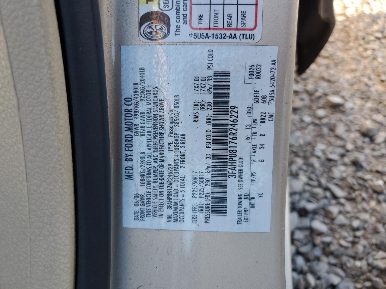 2006 Ford Fusion Sel VIN: 3FAHP08176R246229 Lot: 91091185