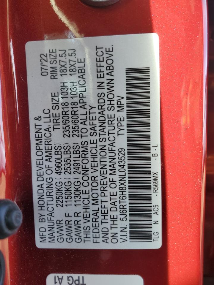 2022 Honda Cr-V Exl VIN: 5J6RT6H8XNL043529 Lot: 92420335