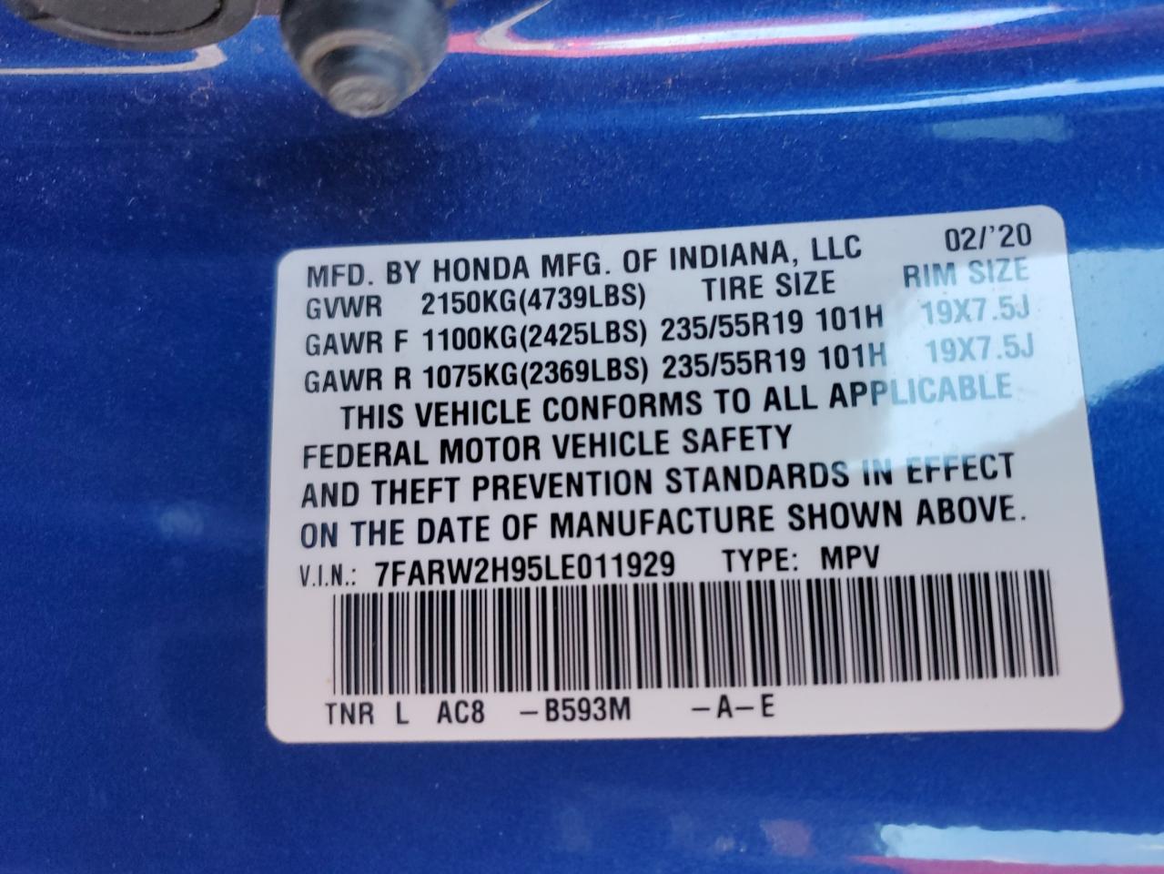 2020 Honda Cr-V Touring VIN: 7FARW2H95LE011929 Lot: 92475075