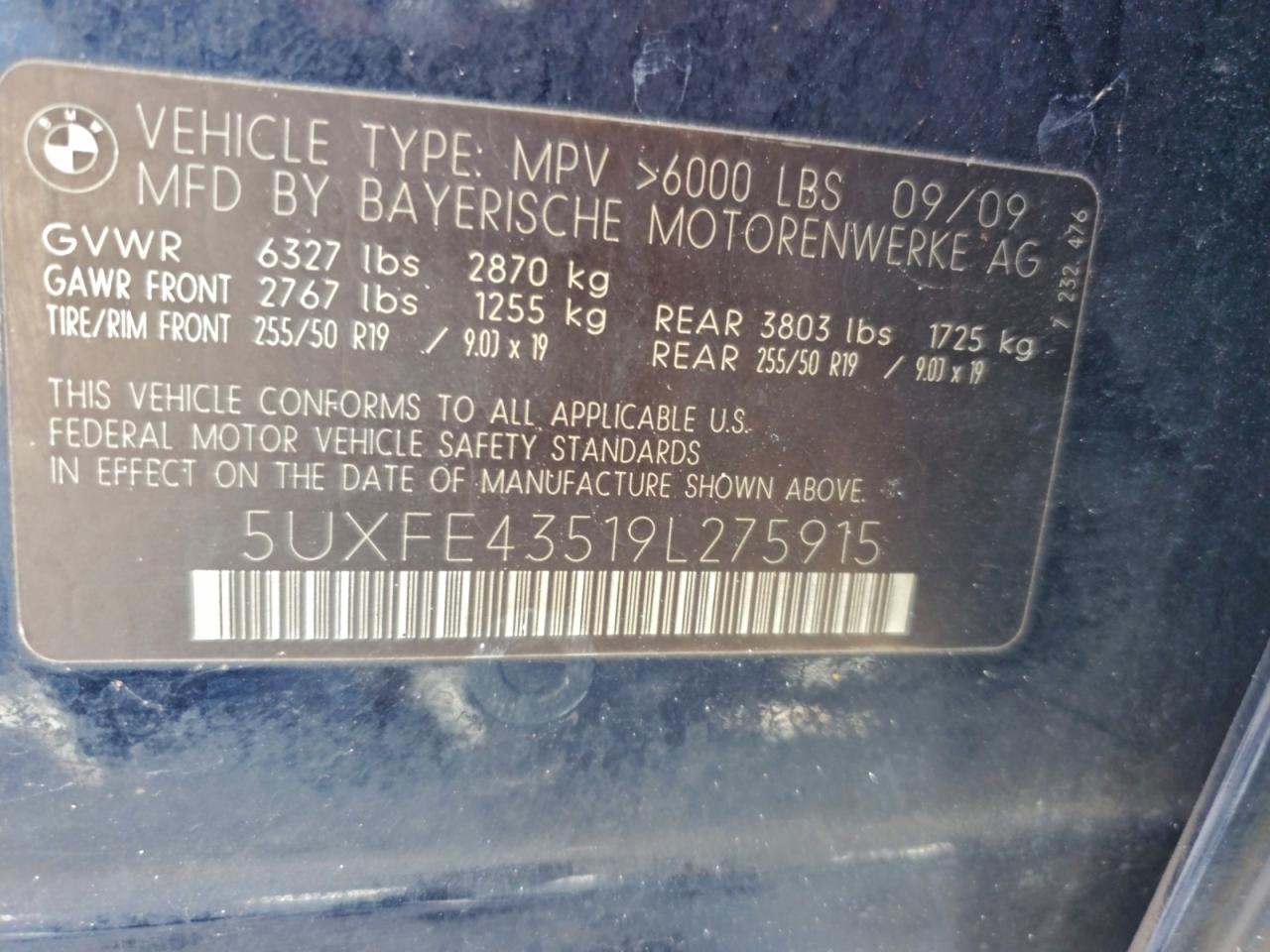 2009 BMW X5 xDrive30I VIN: 5UXFE43519L275915 Lot: 94505805