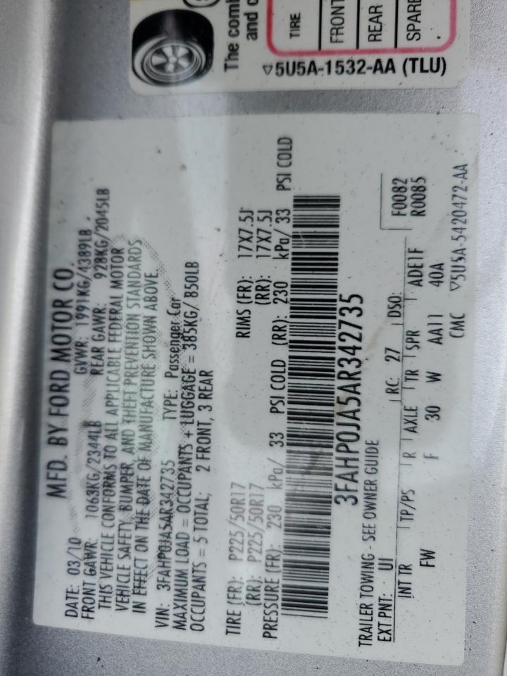 2010 Ford Fusion Sel VIN: 3FAHP0JA5AR342735 Lot: 93325435