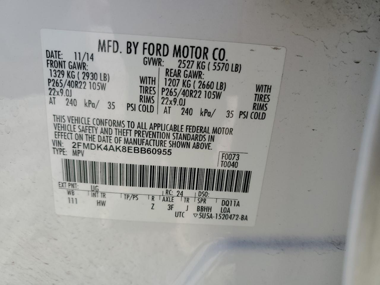 2014 Ford Edge Sport VIN: 2FMDK4AK8EBB60955 Lot: 91395185