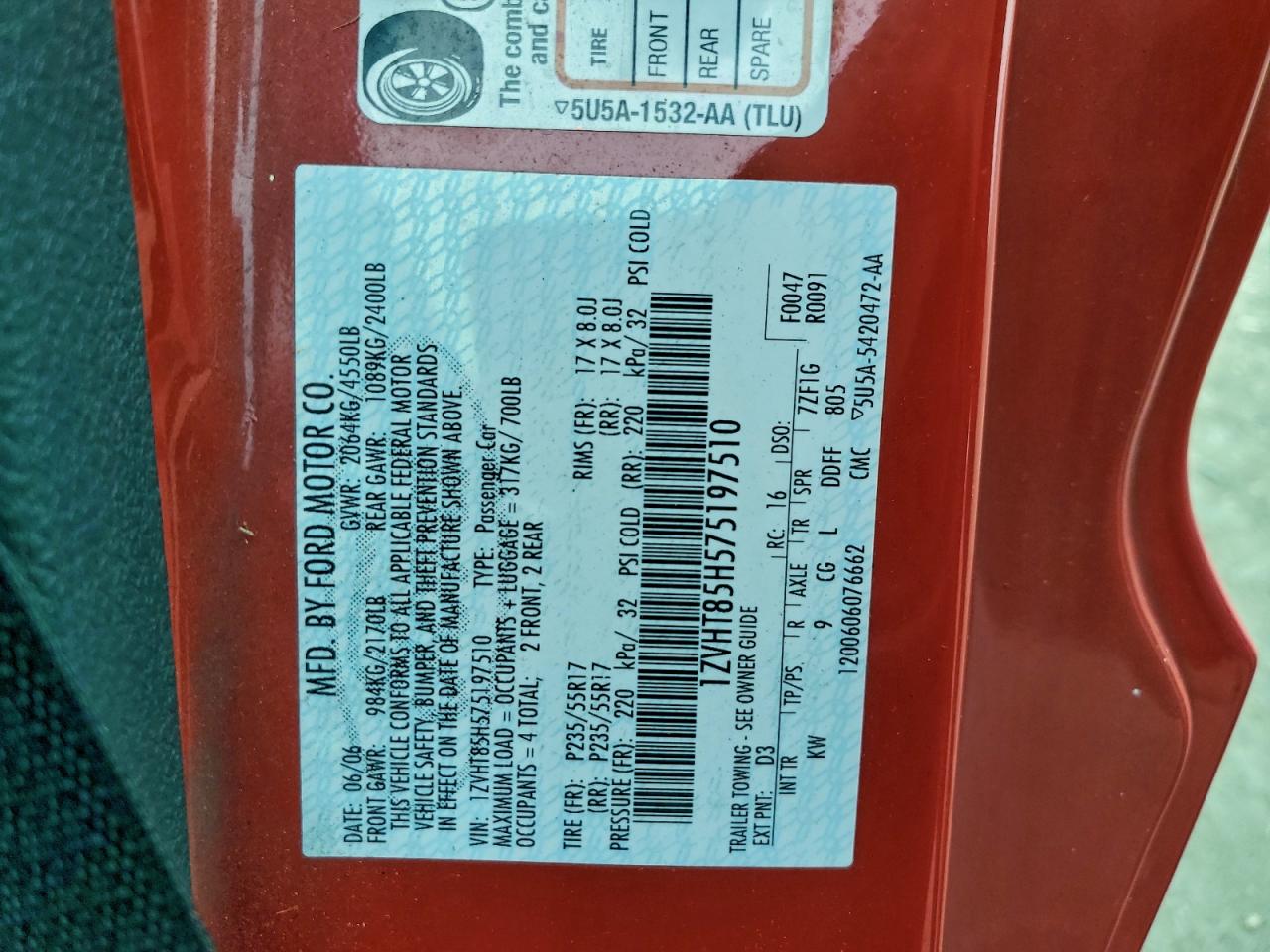 2007 Ford Mustang Gt VIN: 1ZVHT85H575197510 Lot: 93947845