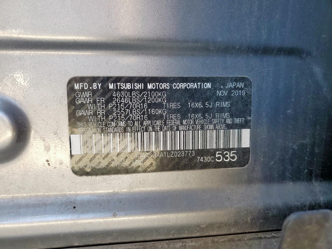 2020 Mitsubishi Eclipse Cross Es VIN: JA4AS3AA1LZ023773 Lot: 92914565