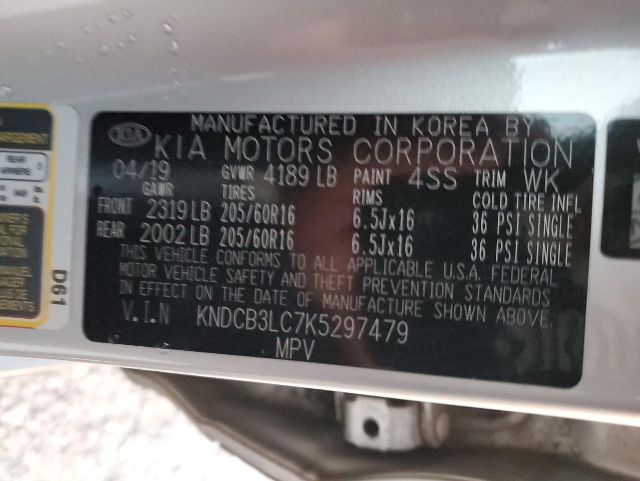 2019 Kia Niro Fe VIN: KNDCB3LC7K5297479 Lot: 92306725