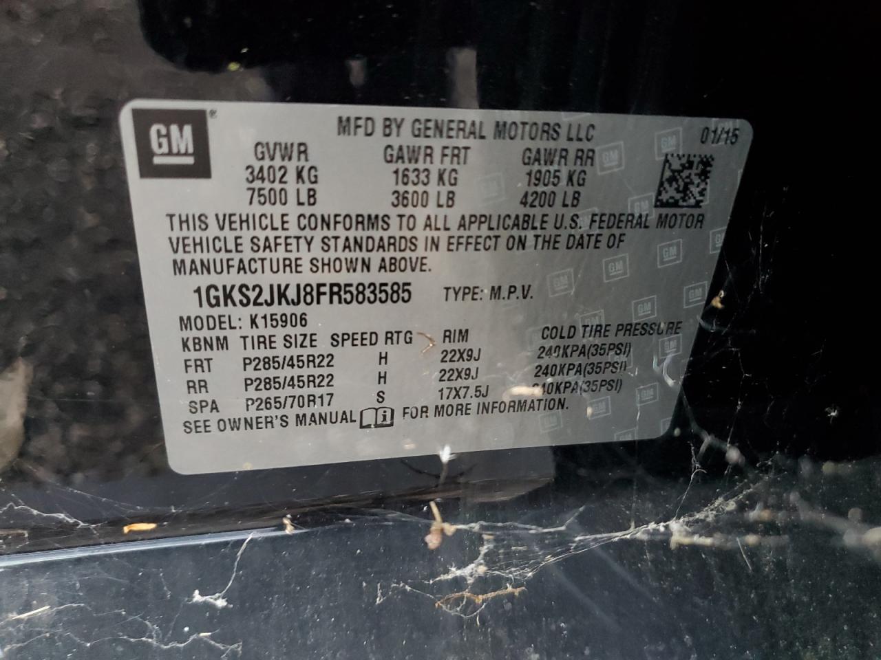 2015 GMC Yukon Xl Denali VIN: 1GKS2JKJ8FR583585 Lot: 92281585