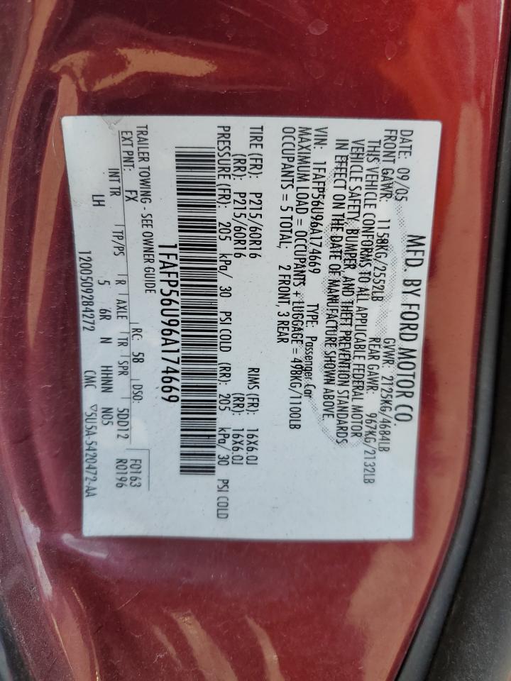 2006 Ford Taurus Sel VIN: 1FAFP56U96A174669 Lot: 91739305