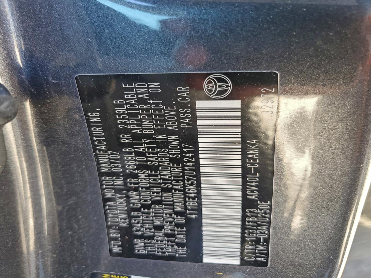 2007 Toyota Camry Ce VIN: 4T1BE46K57U142417 Lot: 94260215