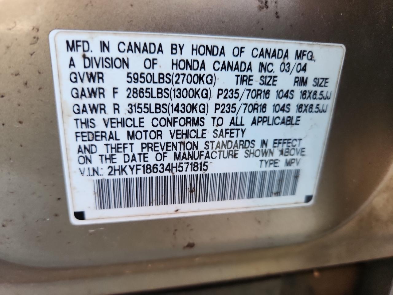 2004 Honda Pilot Exl VIN: 2HKYF18634H571815 Lot: 92242205