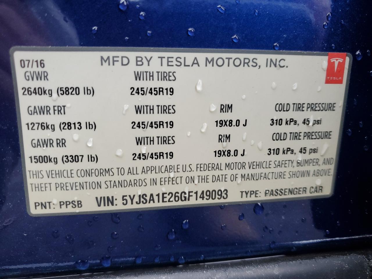 2016 Tesla Model S VIN: 5YJSA1E26GF149093 Lot: 93191995