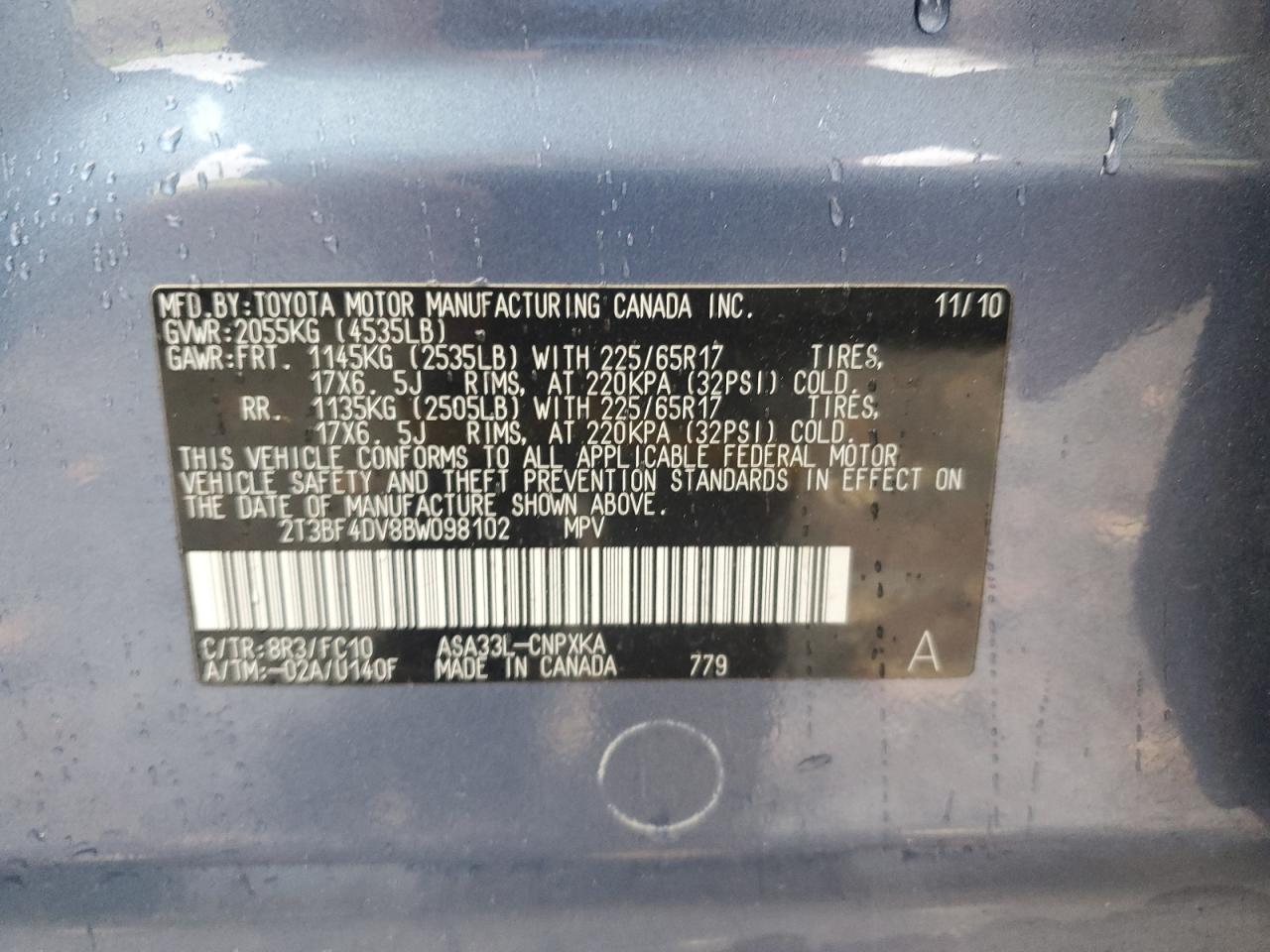 2011 Toyota Rav4 VIN: 2T3BF4DV8BW098102 Lot: 92868625