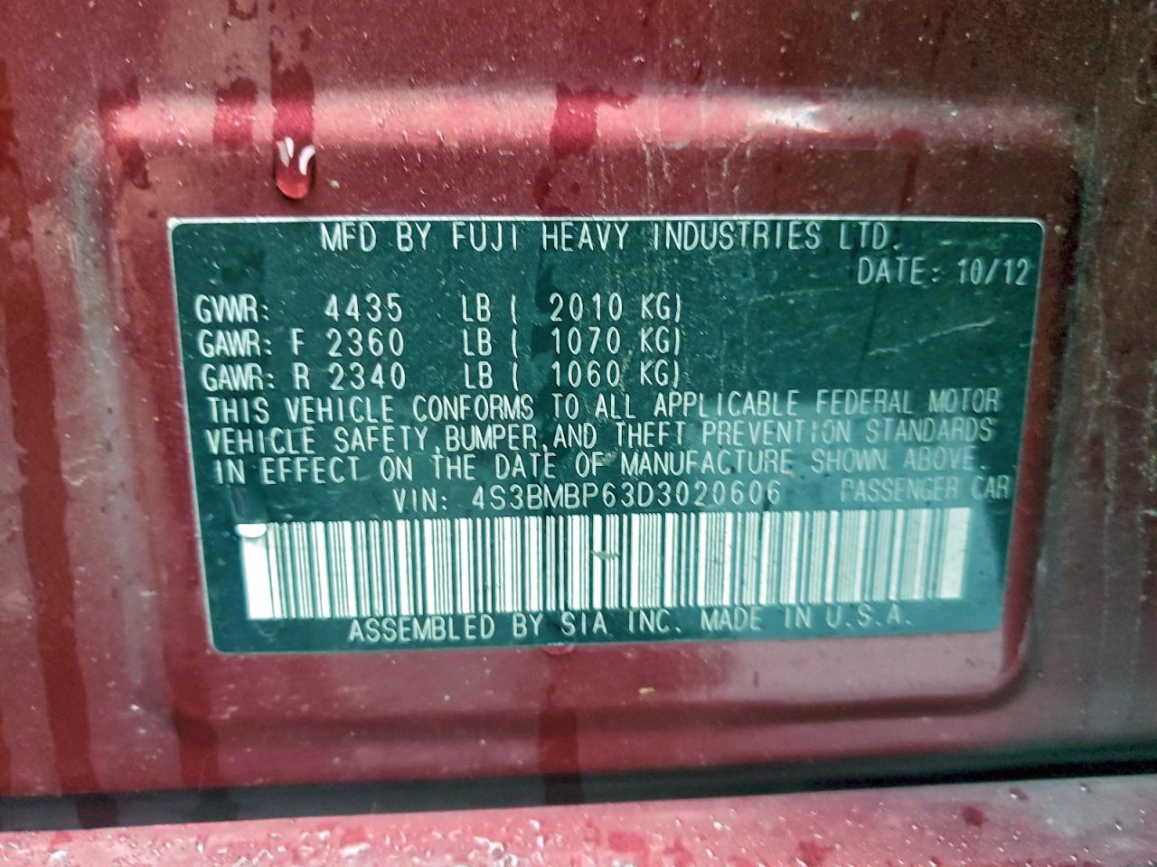 2013 Subaru Legacy 2.5I Limited VIN: 4S3BMBP63D3020606 Lot: 94555025