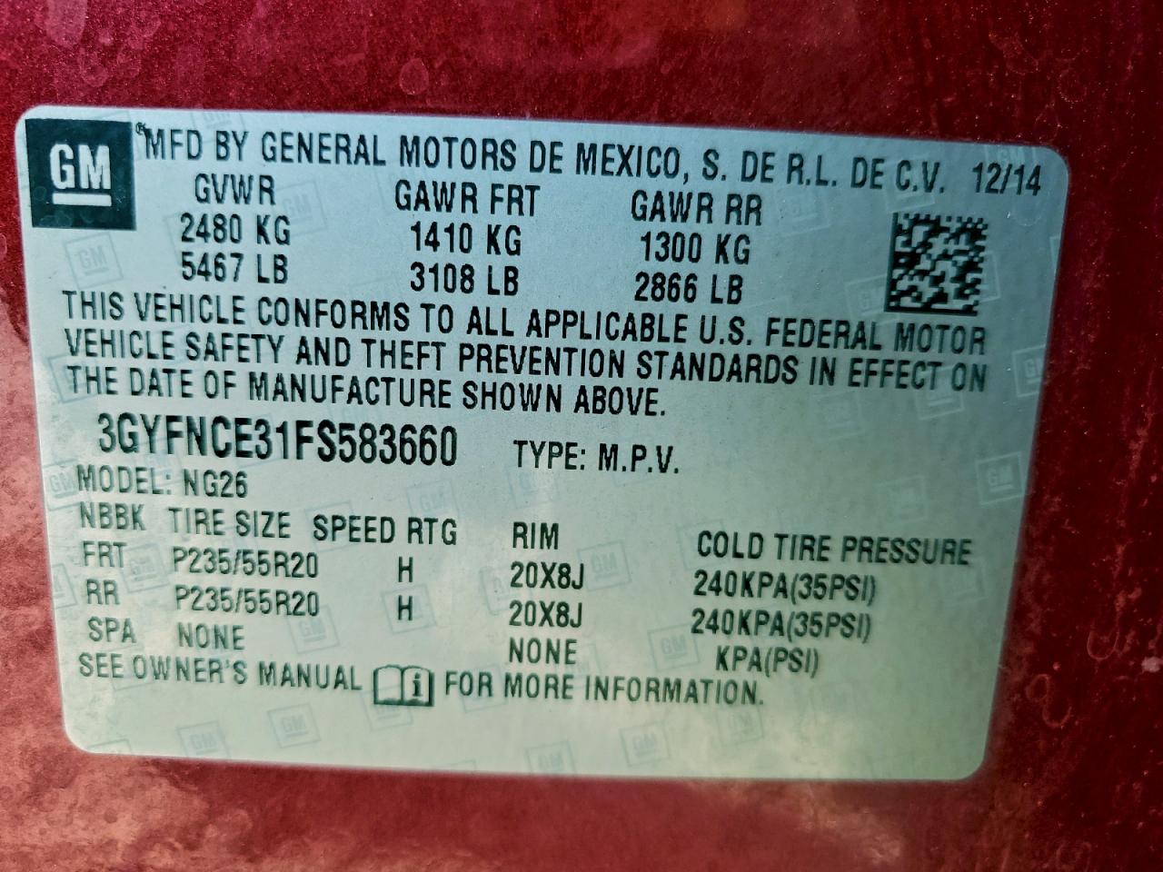 2015 Cadillac Srx Performance Collection VIN: 3GYFNCE31FS583660 Lot: 94100135