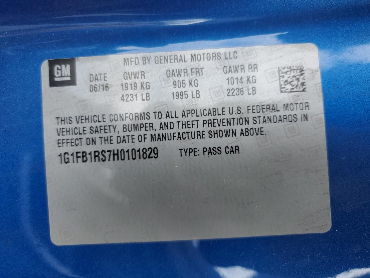 2017 Chevrolet Camaro Lt VIN: 1G1FB1RS7H0101829 Lot: 91616265