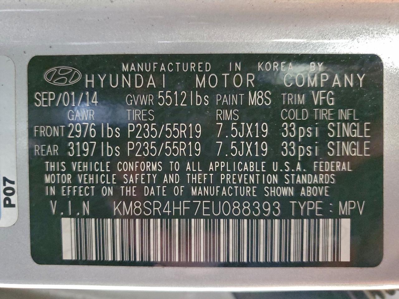 2014 Hyundai Santa Fe Gls VIN: KM8SR4HF7EU088393 Lot: 94402815