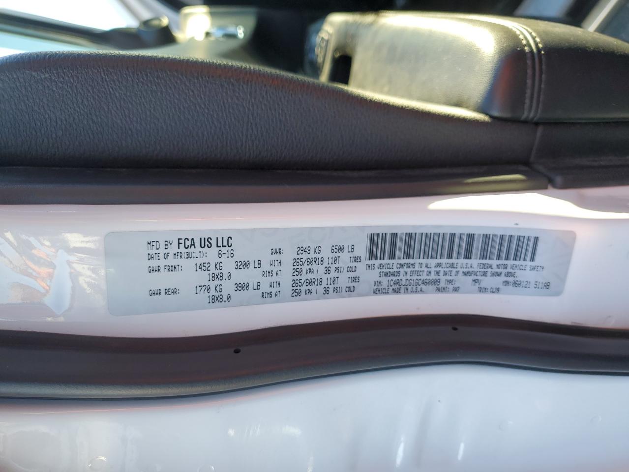 2016 Dodge Durango Limited VIN: 1C4RDJDG1GC460009 Lot: 91361645