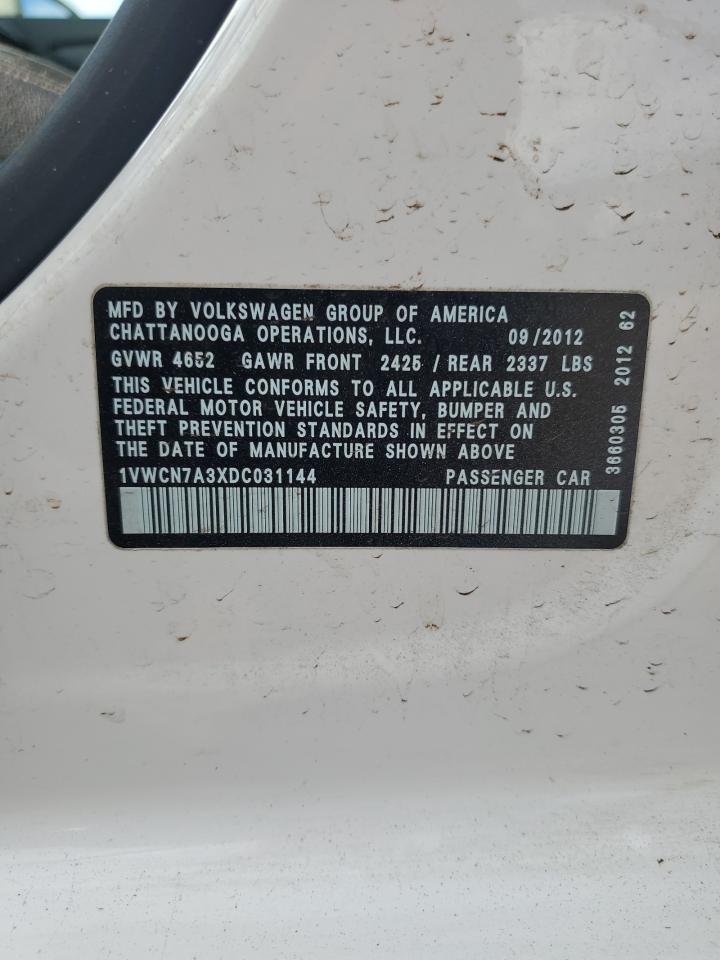 2013 Volkswagen Passat Sel VIN: 1VWCN7A3XDC031144 Lot: 93717075