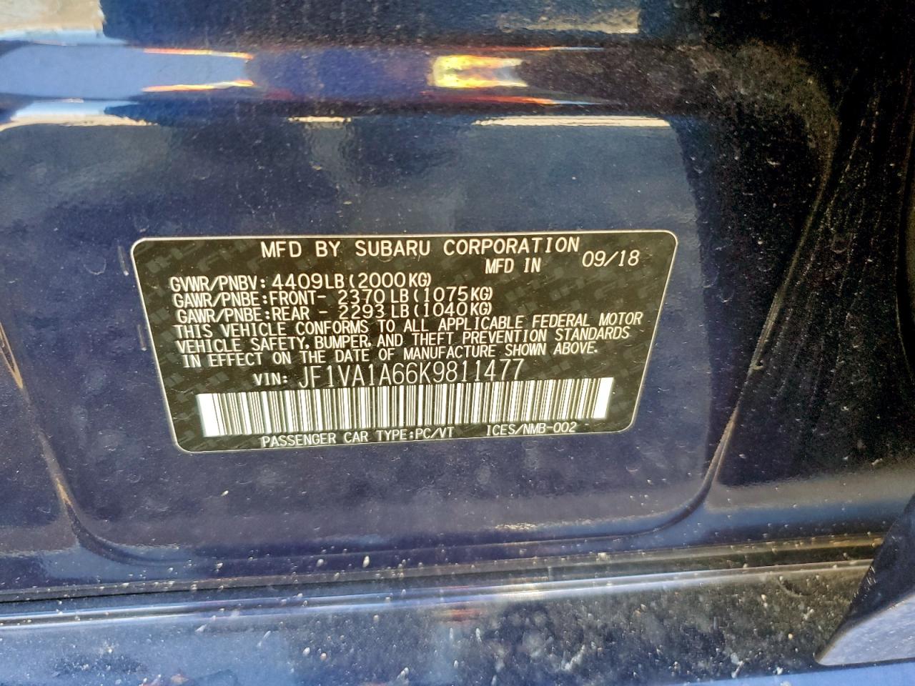 2019 Subaru Wrx VIN: JF1VA1A66K9811477 Lot: 94596285