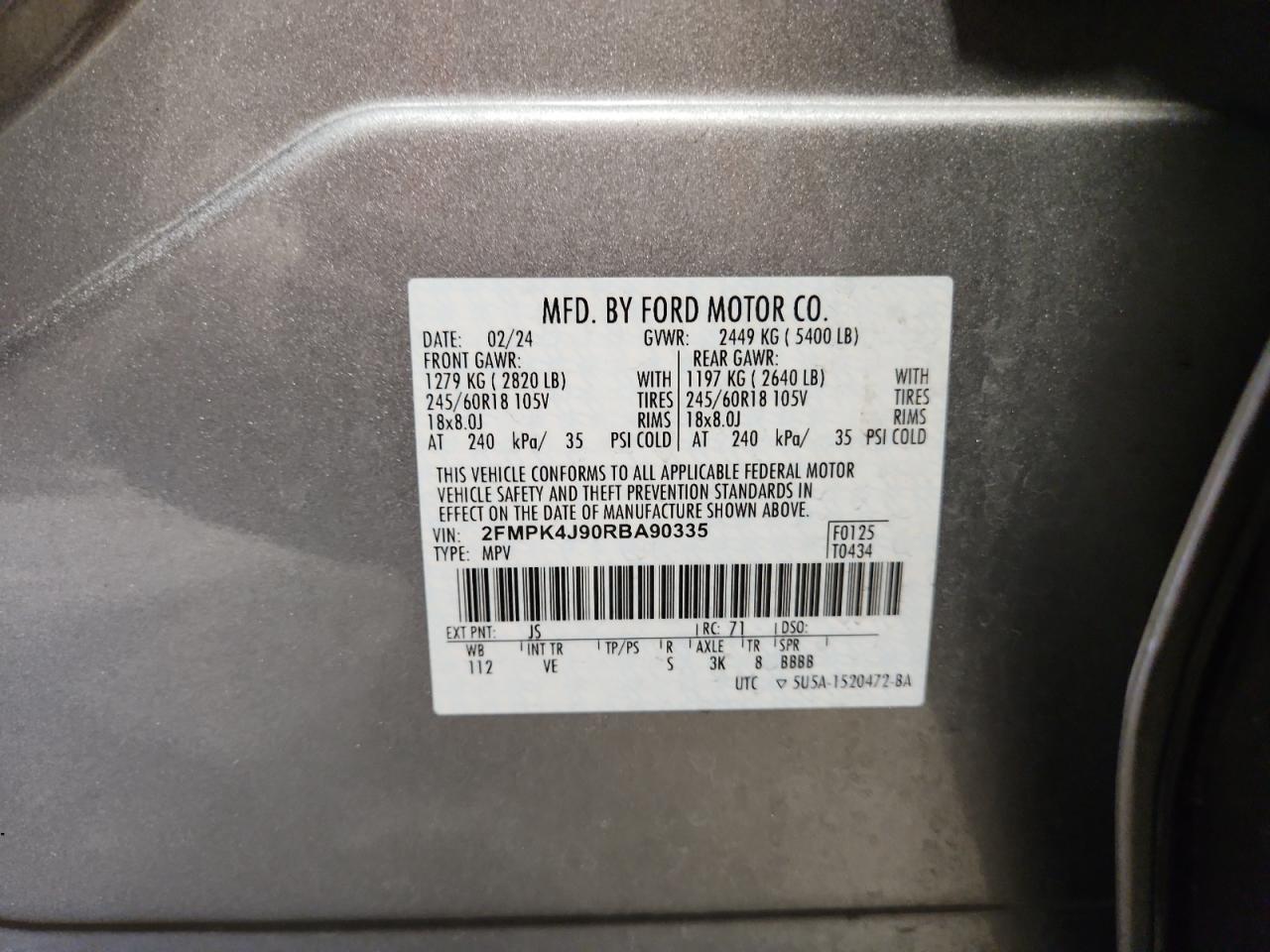 2024 Ford Edge Sel VIN: 2FMPK4J90RBA90335 Lot: 92265345