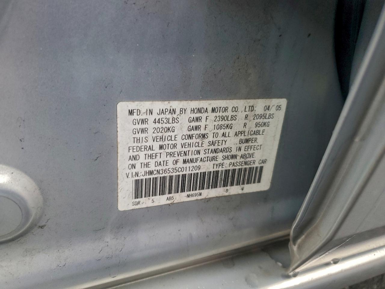 2005 Honda Accord Hybrid VIN: JHMCN36535C011209 Lot: 93983185