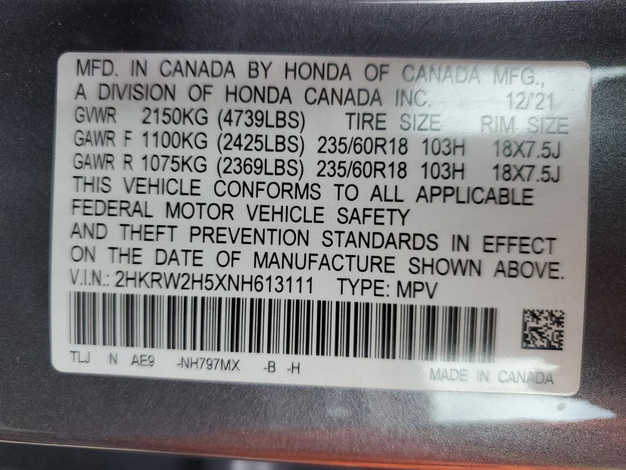 2022 Honda Cr-V Ex VIN: 2HKRW2H5XNH613111 Lot: 92595045