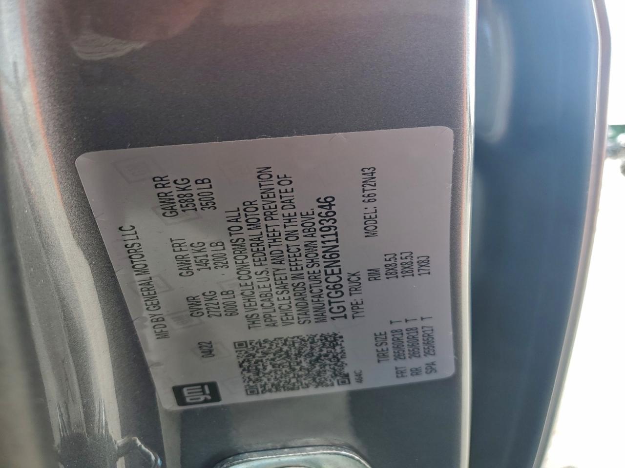 2022 GMC Canyon Elevation VIN: 1GTG6CEN6N1193646 Lot: 94743275