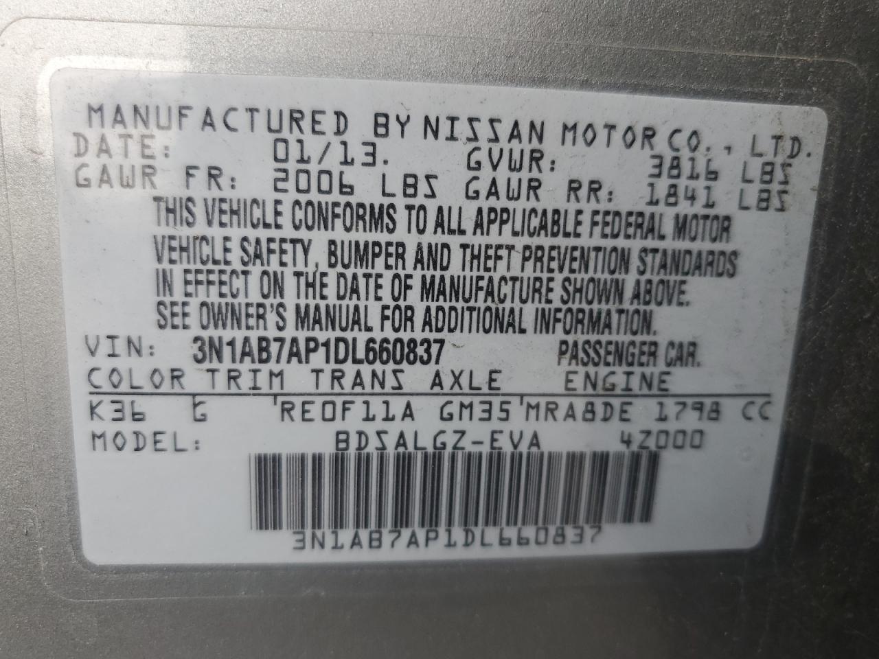 2013 Nissan Sentra S VIN: 3N1AB7AP1DL660837 Lot: 92042185