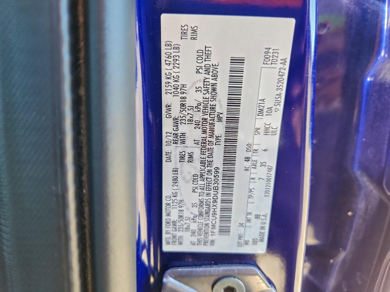 2013 Ford Escape Sel VIN: 1FMCU9HX9DUB30599 Lot: 94511065