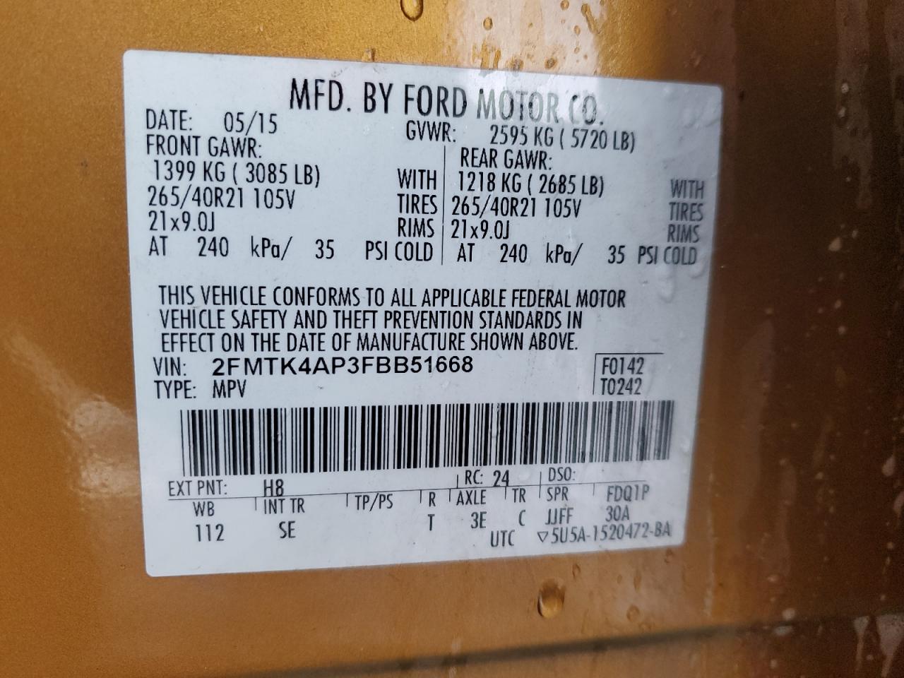 2015 Ford Edge Sport VIN: 2FMTK4AP3FBB51668 Lot: 92401155