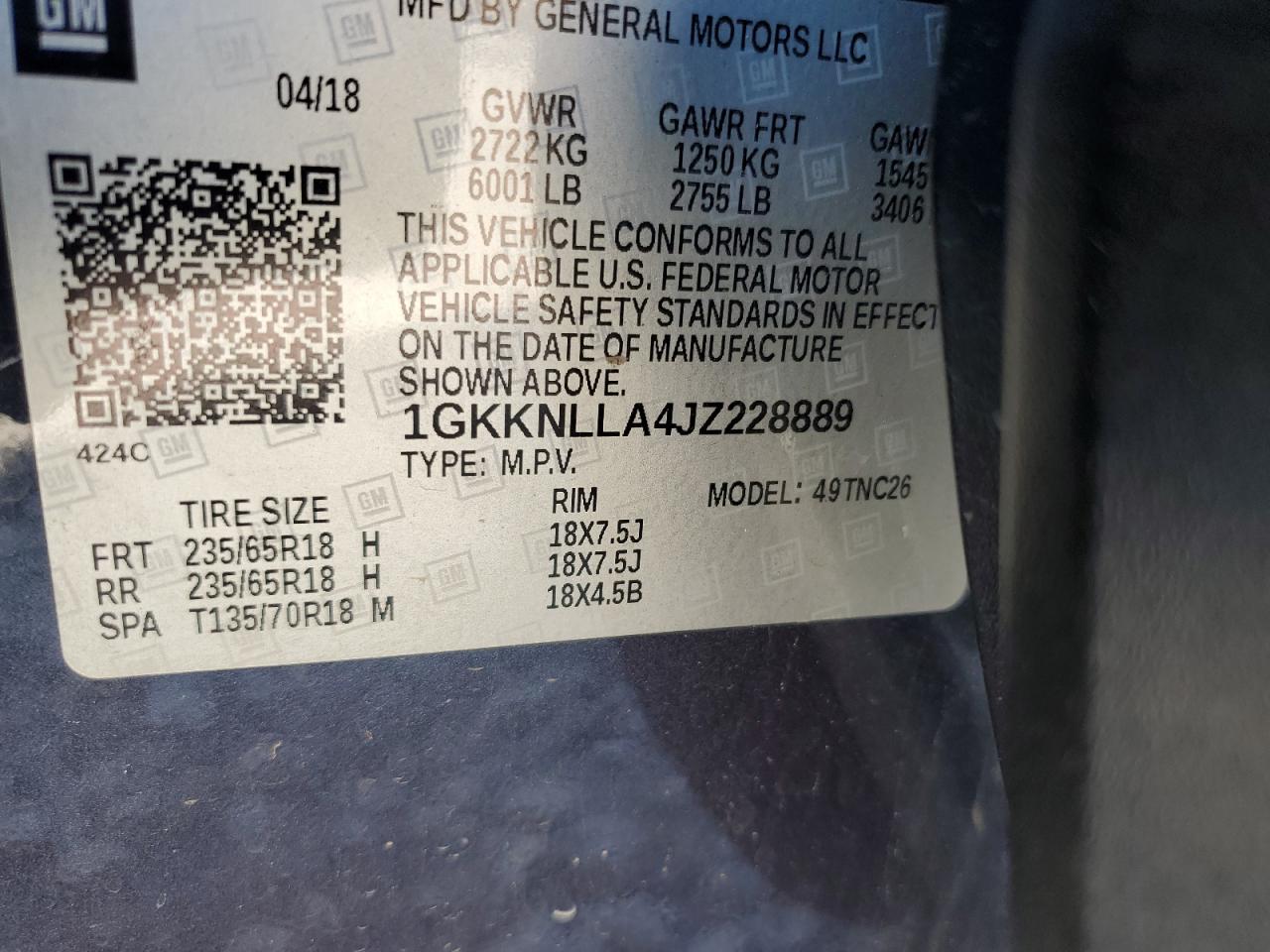 2018 GMC Acadia Sle VIN: 1GKKNLLA4JZ228889 Lot: 91904785