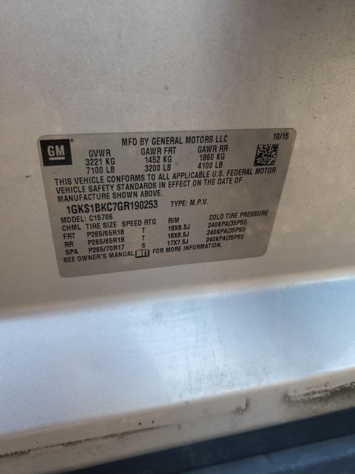 2016 GMC Yukon Slt VIN: 1GKS1BKC7GR190253 Lot: 92694975