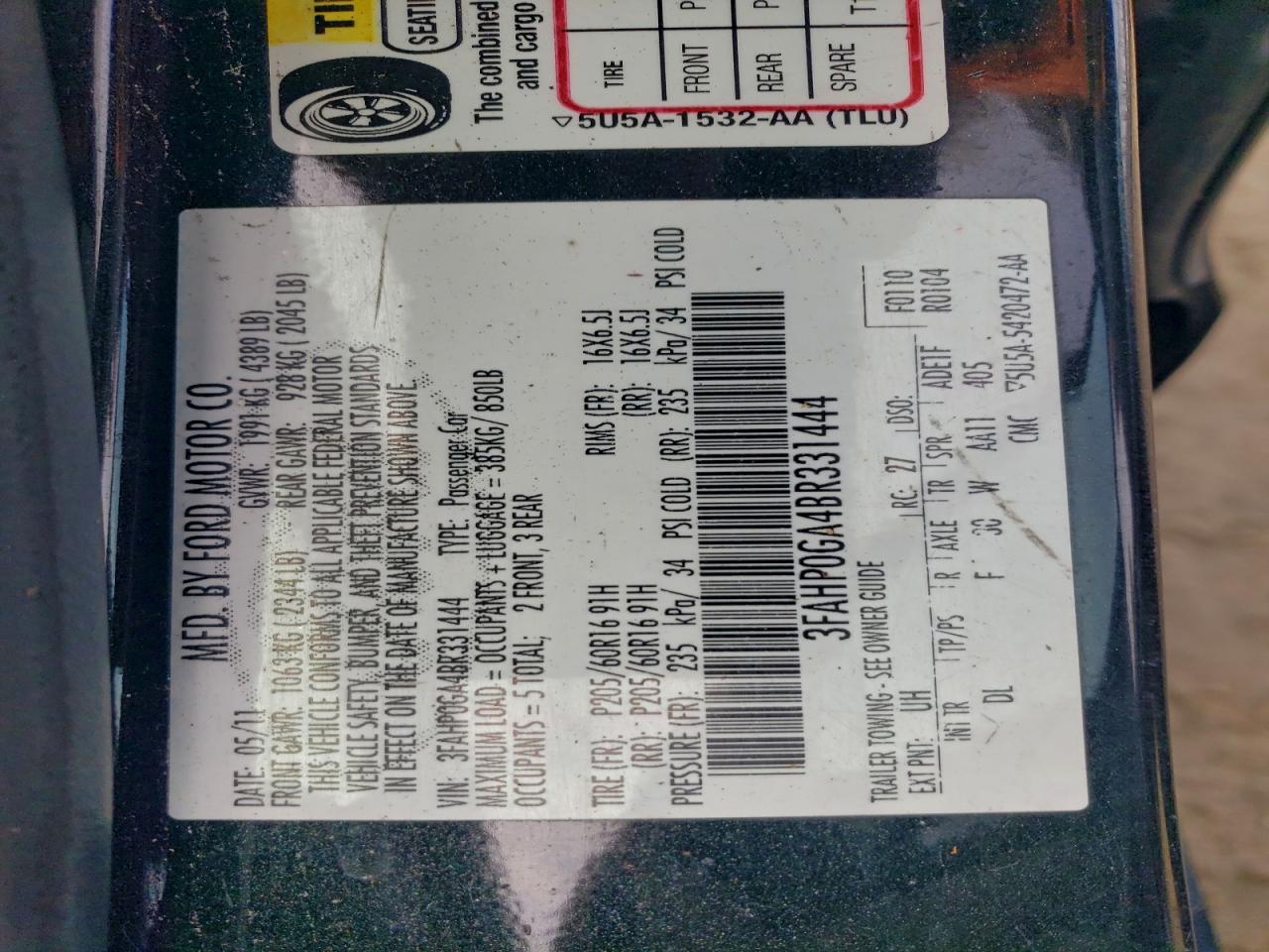 2011 Ford Fusion S VIN: 3FAHP0GA4BR331444 Lot: 93744495