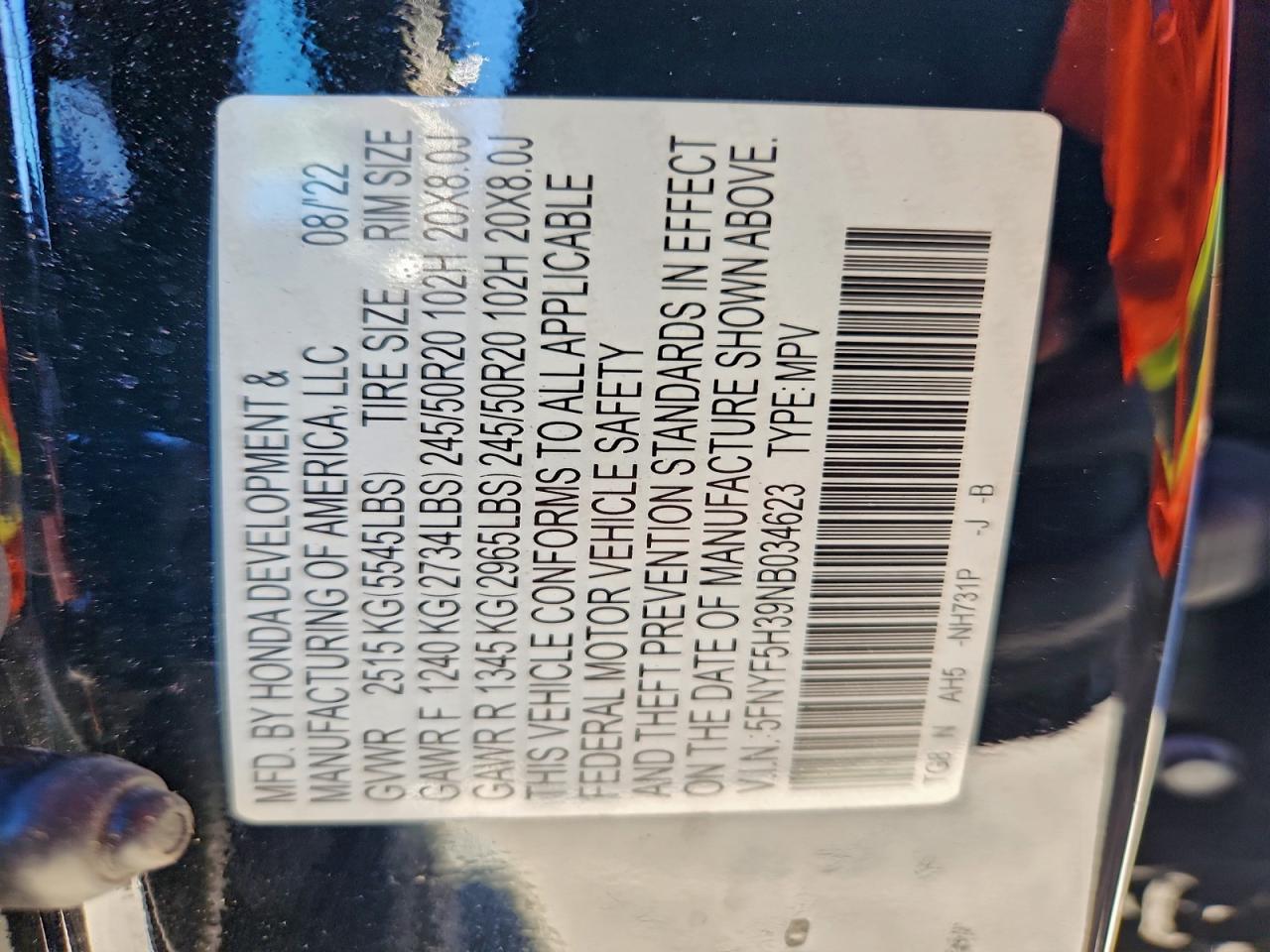 2022 Honda Pilot Sport VIN: 5FNYF5H39NB034623 Lot: 94545135