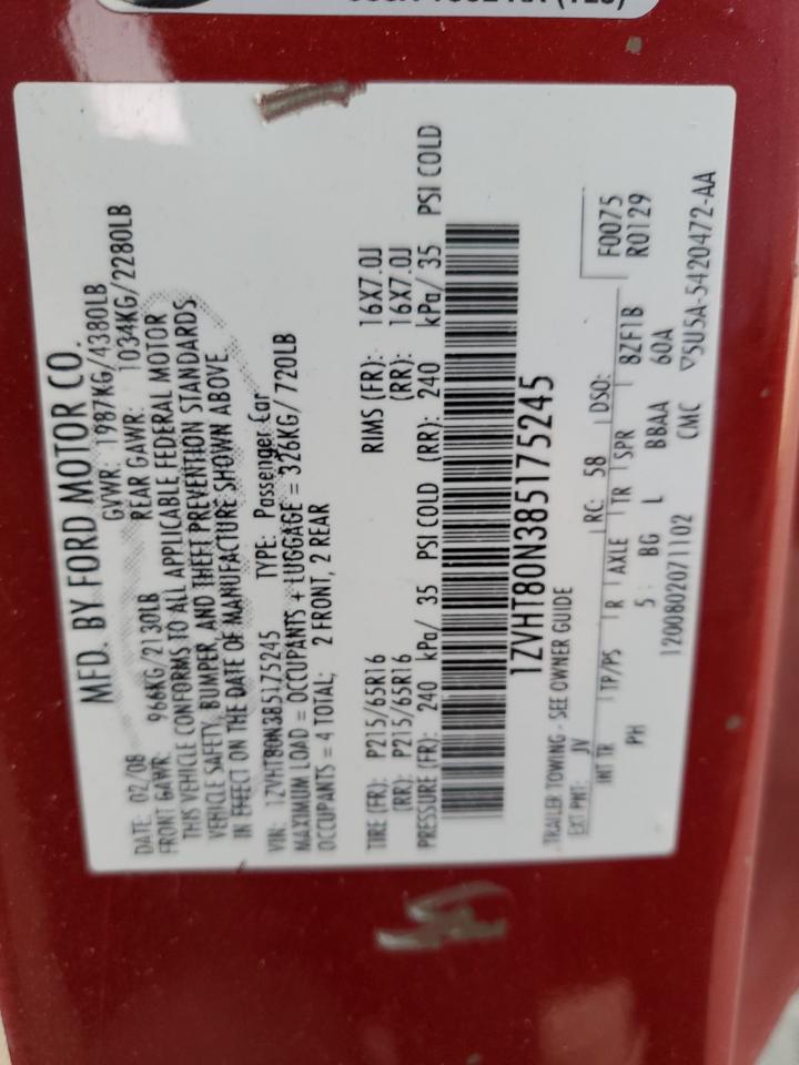 2008 Ford Mustang VIN: 1ZVHT80N385175245 Lot: 92165655