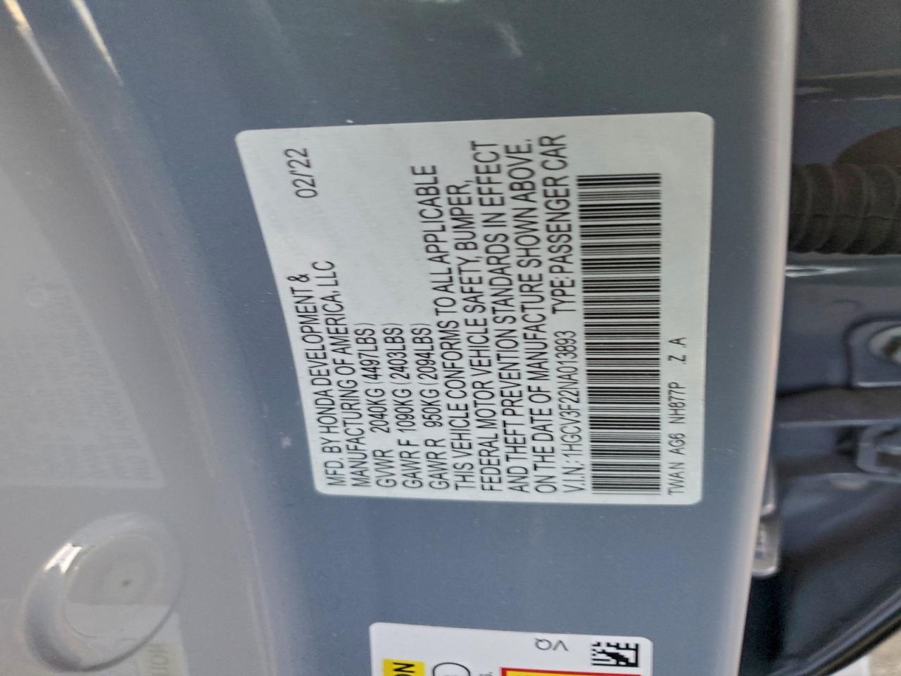 2022 Honda Accord Hybrid Sport VIN: 1HGCV3F22NA013893 Lot: 92096965