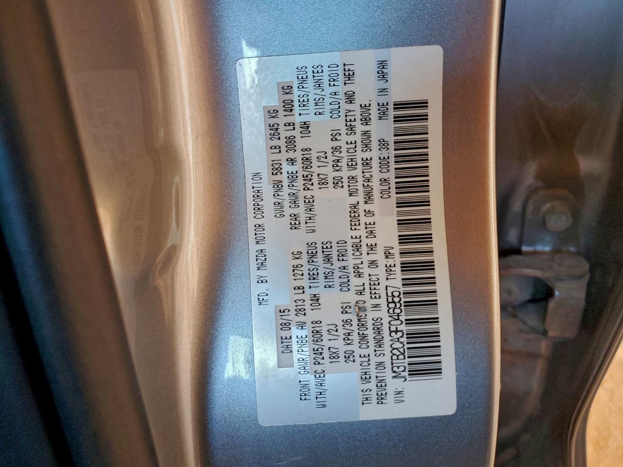 2015 Mazda Cx-9 Touring VIN: JM3TB2CA3F0469557 Lot: 94327385