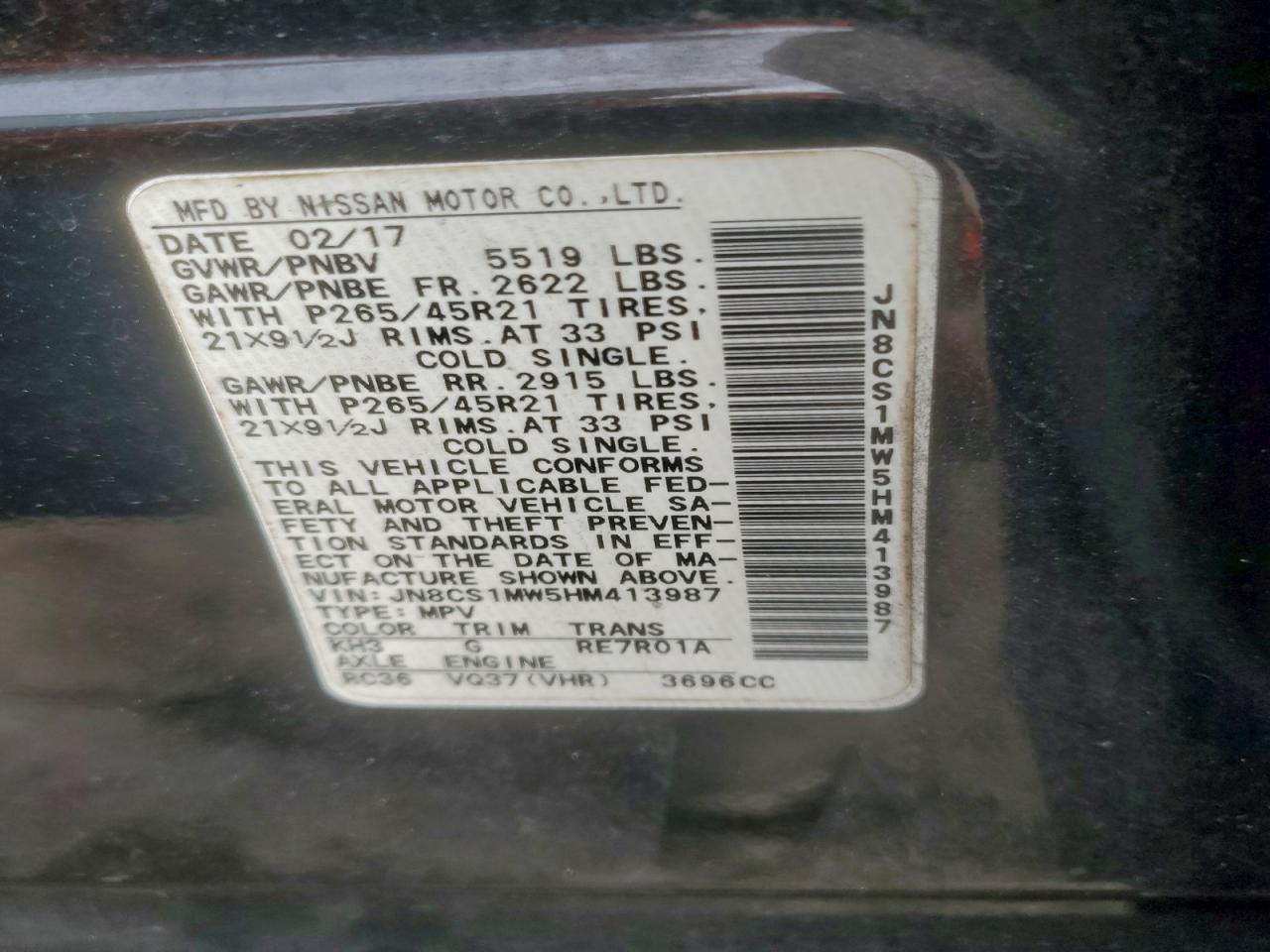 2017 Infiniti Qx70 VIN: JN8CS1MW5HM413987 Lot: 94167365