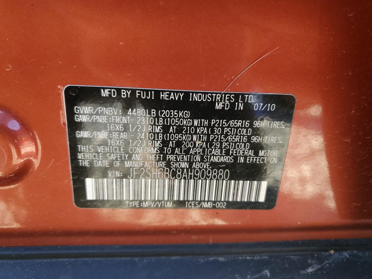 2010 Subaru Forester Xs VIN: JF2SH6BC8AH909880 Lot: 92879035