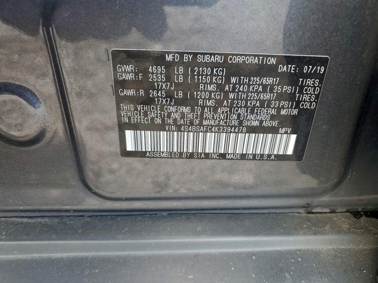 2019 Subaru Outback 2.5I Premium VIN: 4S4BSAFC4K3394478 Lot: 94416425