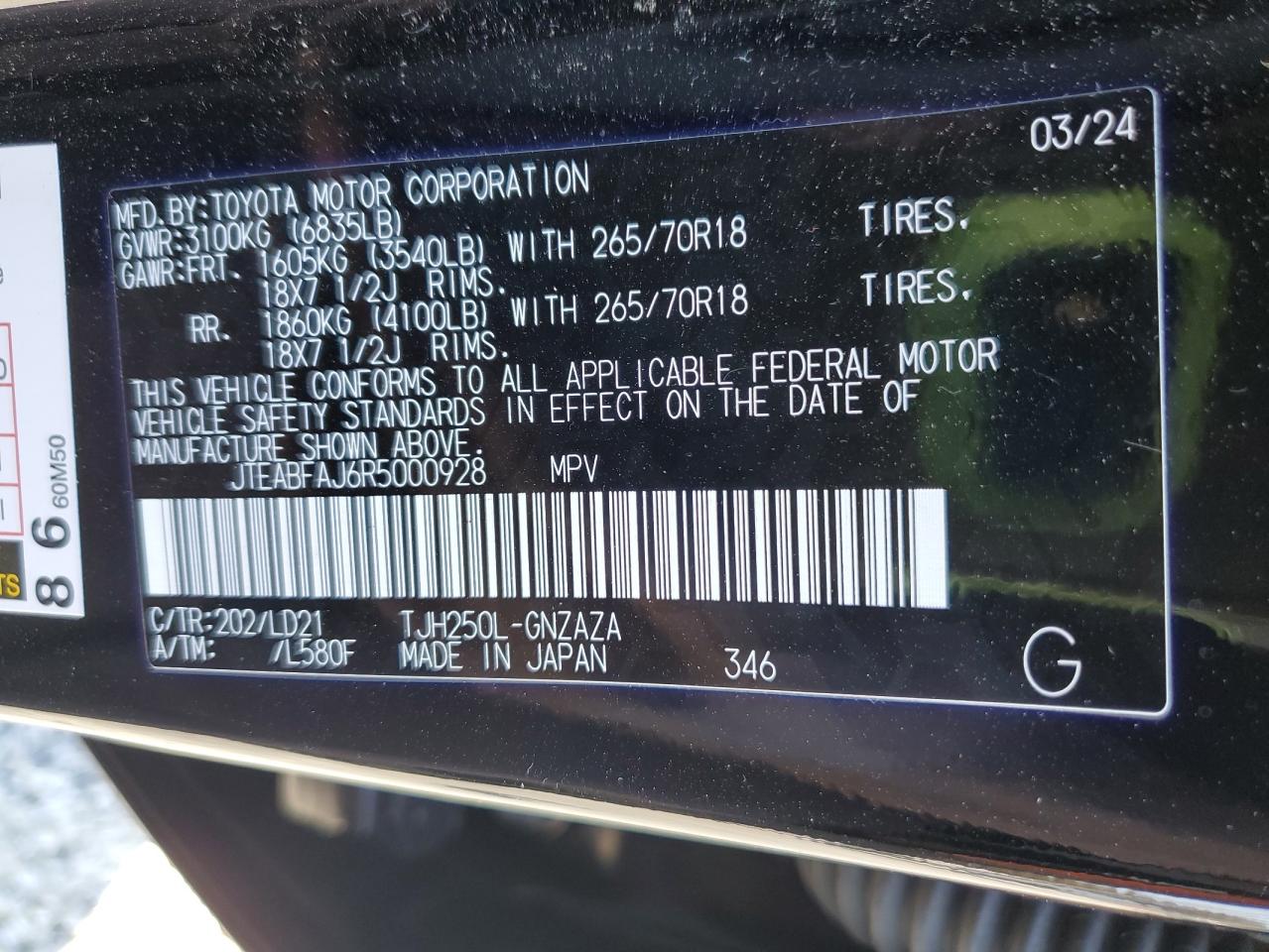 2024 Toyota Land Cruiser Base VIN: JTEABFAJ6R5000928 Lot: 92033685