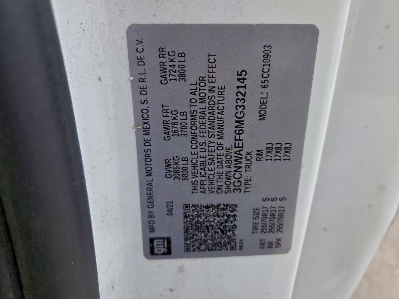 2021 Chevrolet Silverado C1500 VIN: 3GCNWAEF6MG332145 Lot: 94043035