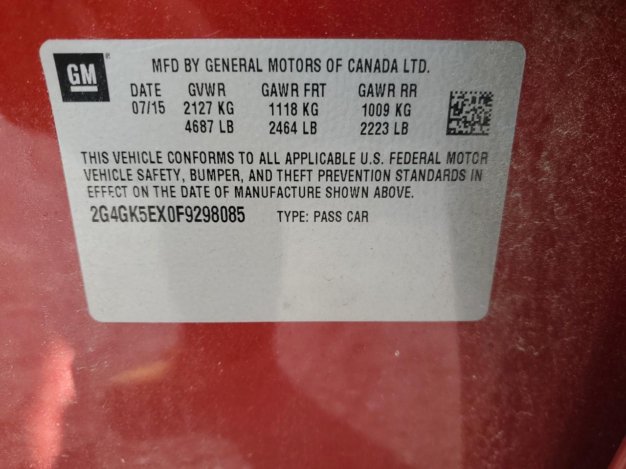 2015 Buick Regal VIN: 2G4GK5EX0F9298085 Lot: 93050055