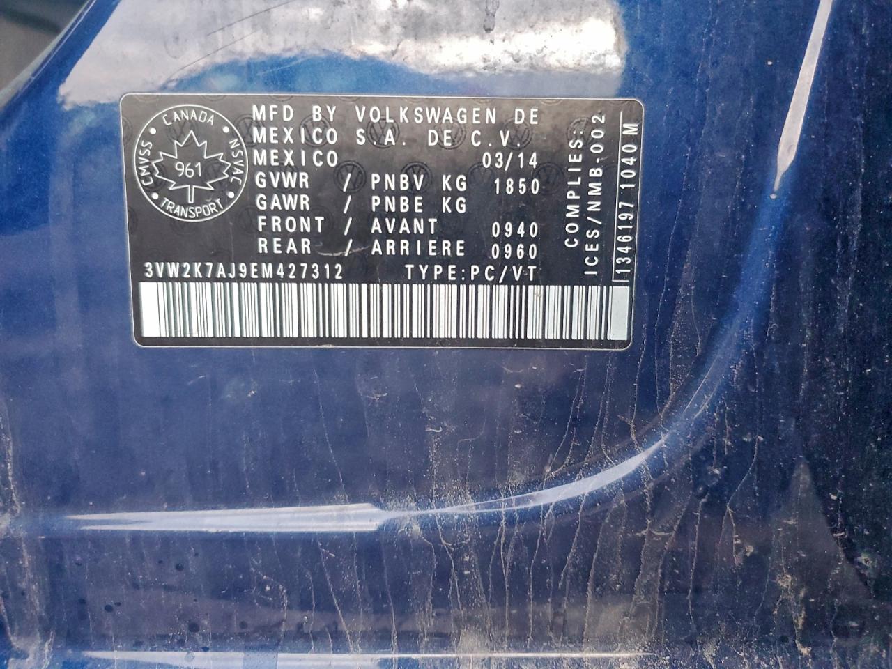 2014 Volkswagen Jetta Base VIN: 3VW2K7AJ9EM427312 Lot: 94807475