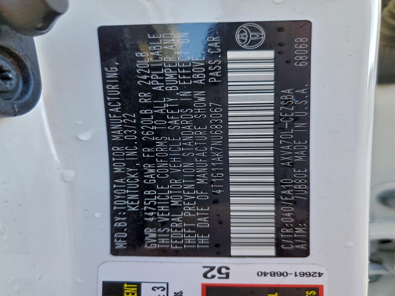 2022 Toyota Camry Se VIN: 4T1G11AK7NU683067 Lot: 93778515