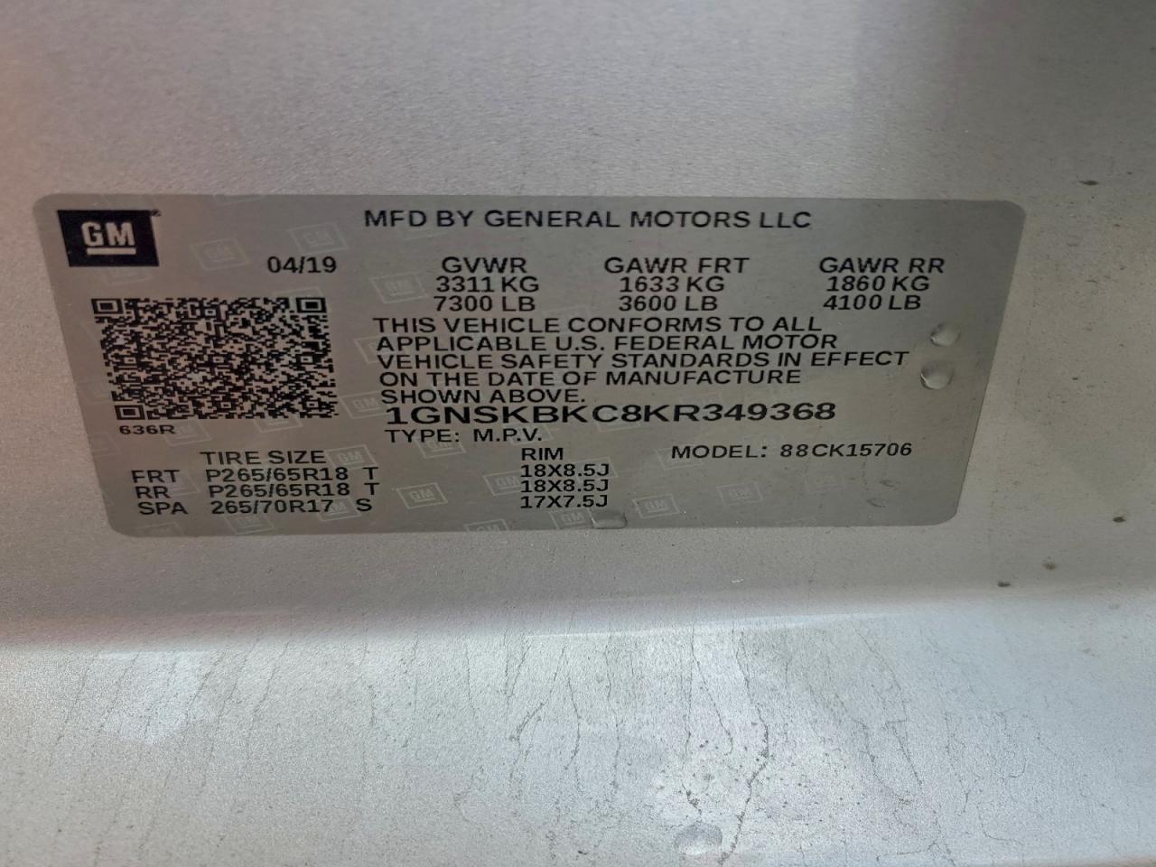 2019 Chevrolet Tahoe K1500 Lt VIN: 1GNSKBKC8KR349368 Lot: 93717405