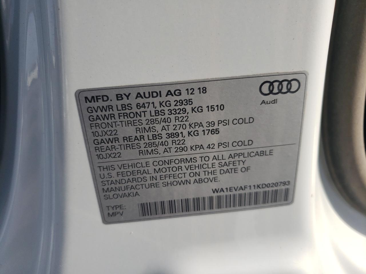 2019 Audi Q8 Premium Plus S-Line VIN: WA1EVAF11KD020793 Lot: 89555405