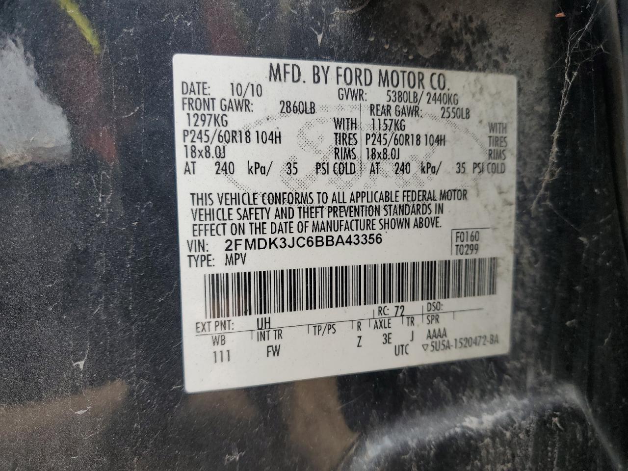 2011 Ford Edge Sel VIN: 2FMDK3JC6BBA43356 Lot: 91408435