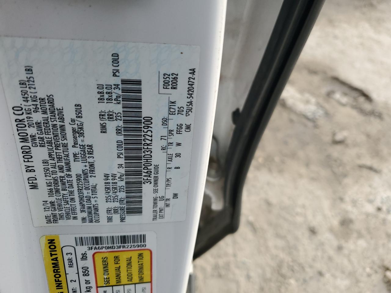 2015 Ford Fusion Se VIN: 3FA6P0HD3FR225900 Lot: 91431755