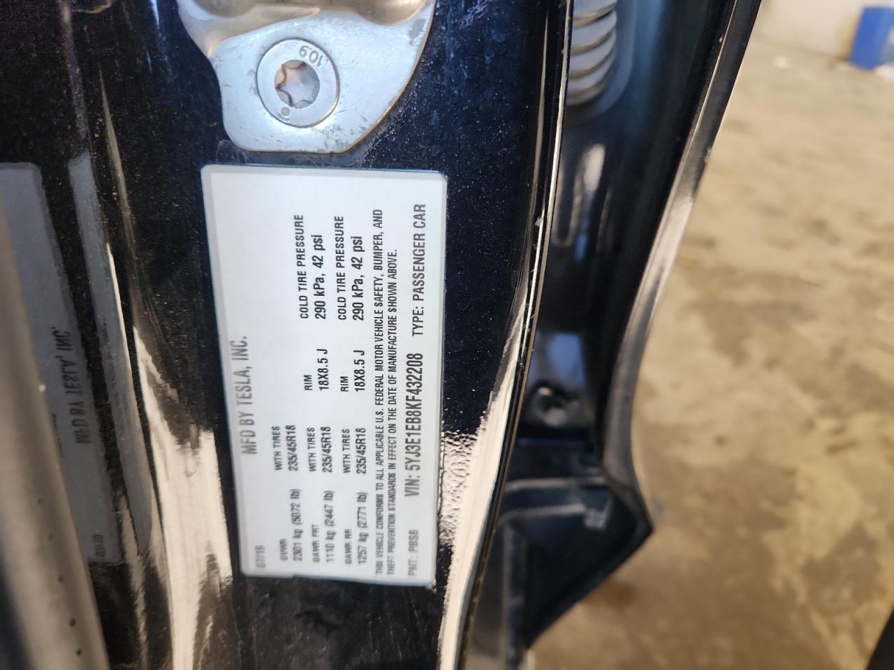 2019 Tesla Model 3 VIN: 5YJ3E1EB8KF432208 Lot: 91081055