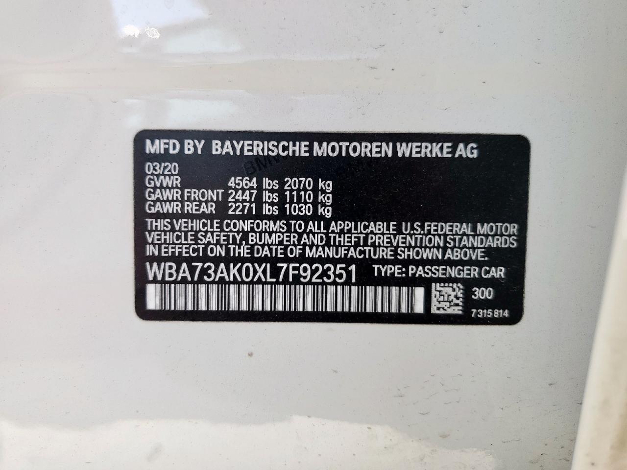 2020 BMW 228Xi VIN: WBA73AK0XL7F92351 Lot: 92697055